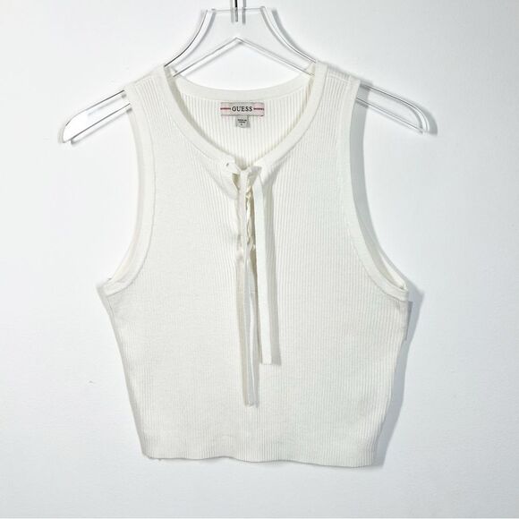 Guess  Women’s Size Large White Sydney Ribbed Sleeveless Sweater Lace Up Placket - Picture 4 of 12